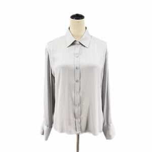 Nouvelle Light Gray Silk Blend Collared Button Up Long Sleeve Workwear Blouse